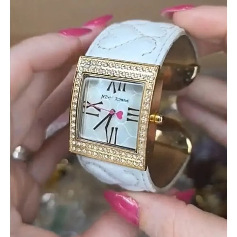 Betsey Johnson Cuff Watch Quilted Leather White Gold Mother of Pearl Dial
